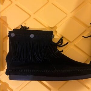 Black Suede Minnetonka Fringe Ankle Boots